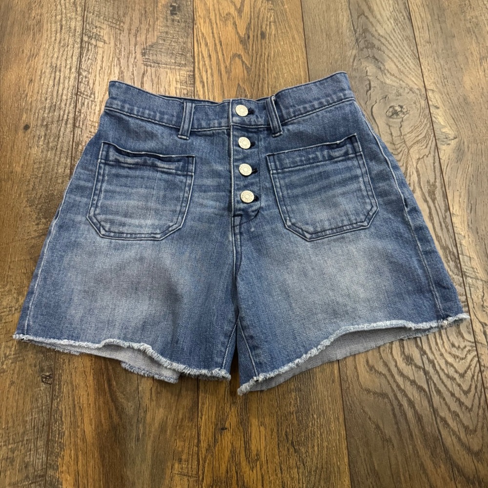 Madewell High Rise Button Fly Denim Shorts Blue Utility Pocket Size‎ 24 Stretch